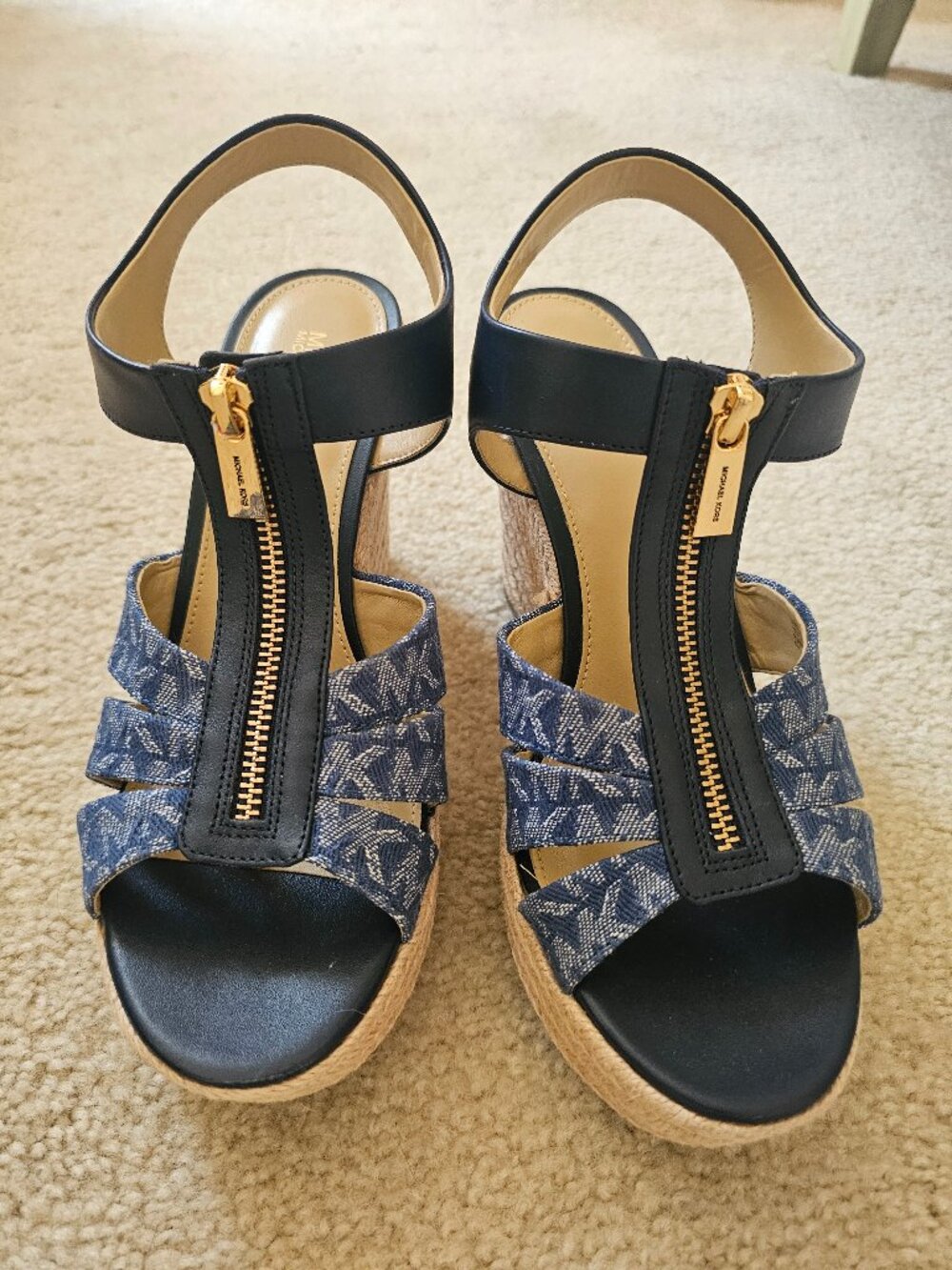 Michael Kors Denim & Leather Wedge Sandals – Espadrille Style, Size 8